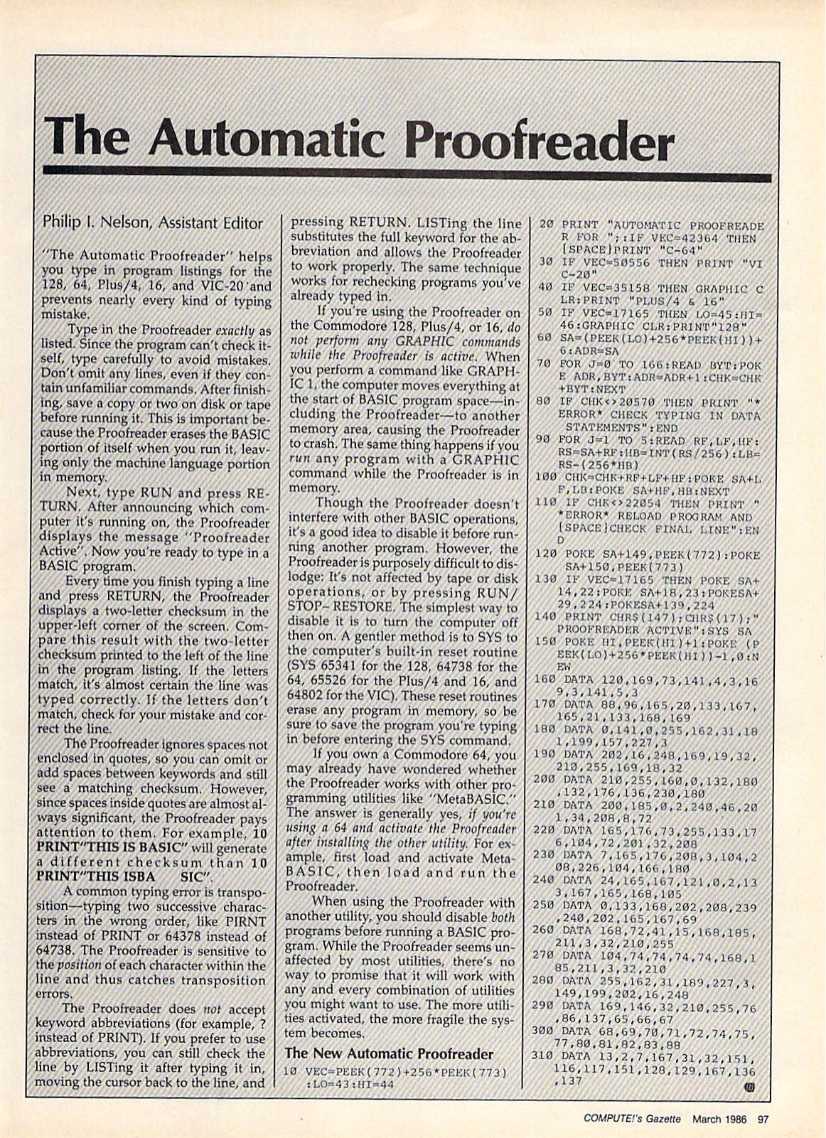 The Automatic Proofreader article and BASIC listing, from COMPUTE!’s Gazette, March 1986, page 97
