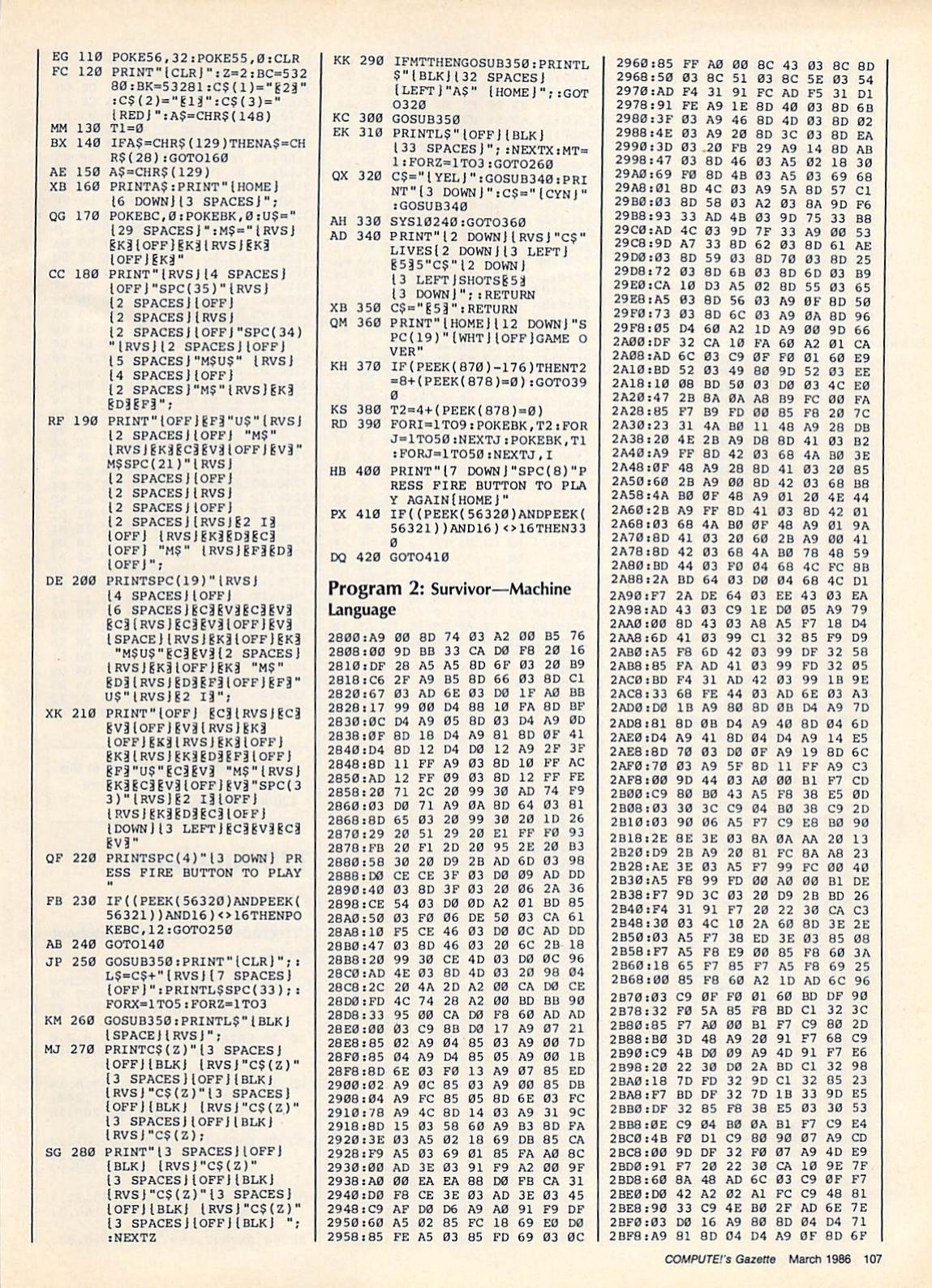 The start of the machine language listing for Survivor, from COMPUTE!’s Gazette, March 1986, page 107
